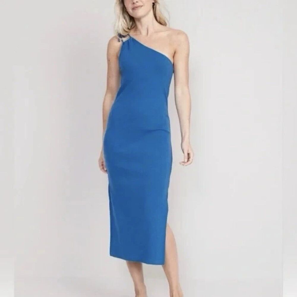 Old Navy Dress Womens Large Blue One Shoulder Midi Ribbed Knit Bodycon Stretch